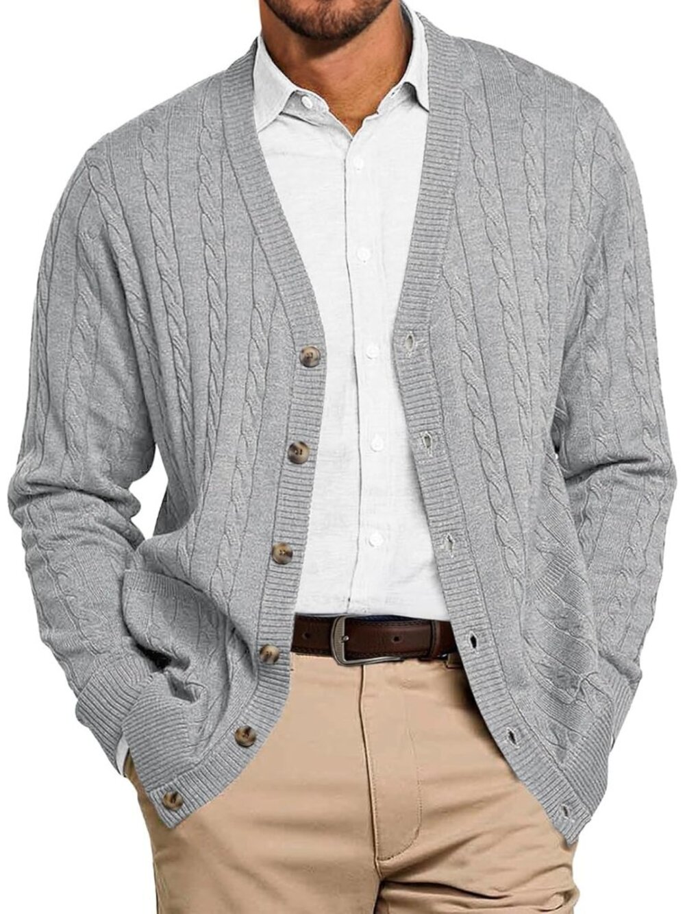 🆕Men's Light Grey Chunky Knit Cardigan Sweater V Neck Button Up With Pockets